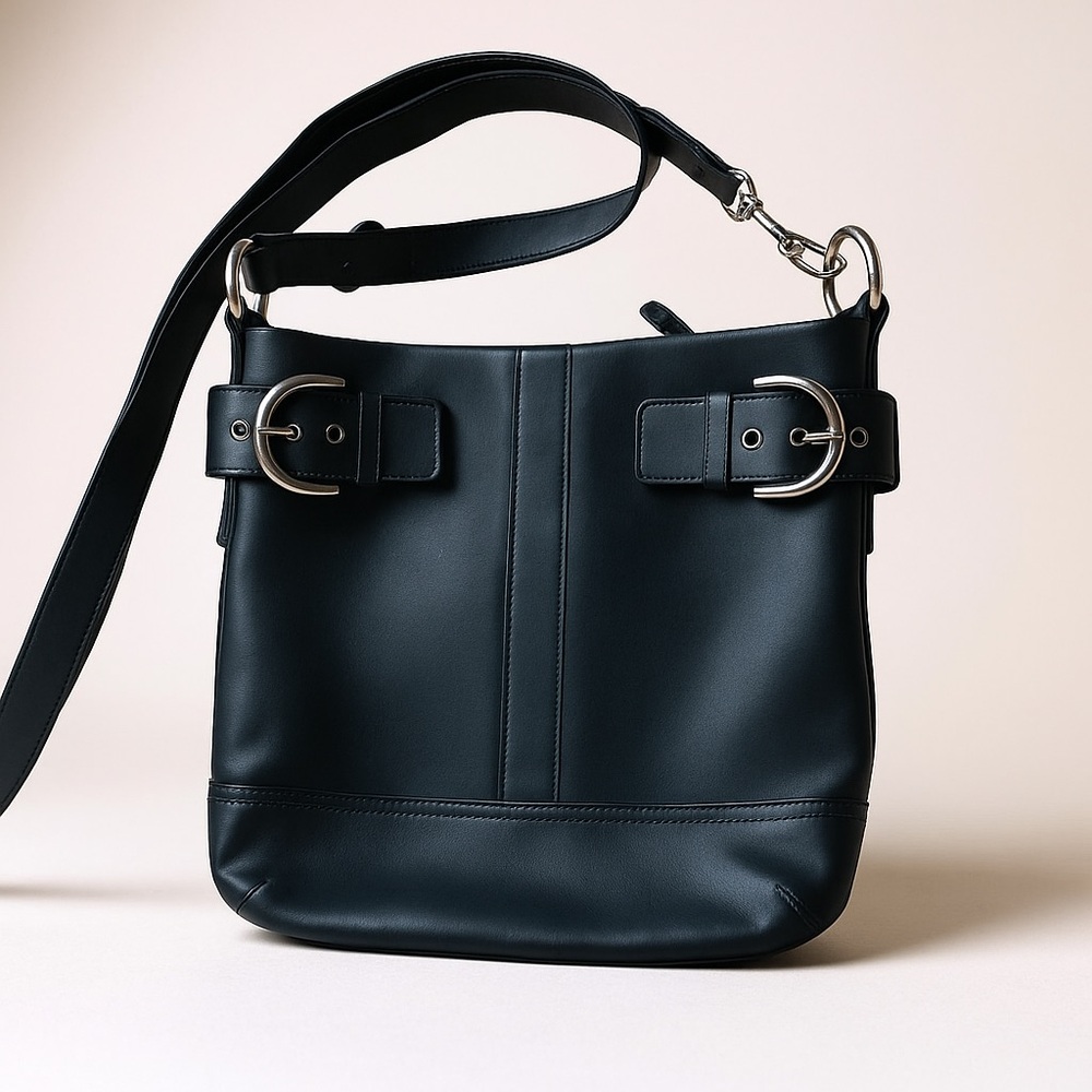 Vintage Coach Leather Crossbody Bag – Buckle Detail, Black
